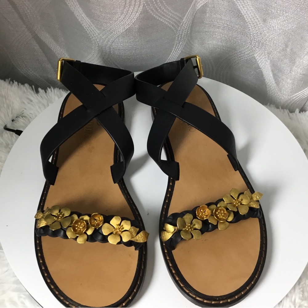 Valentino Garavani Black Sandals with Gold Floral Accents